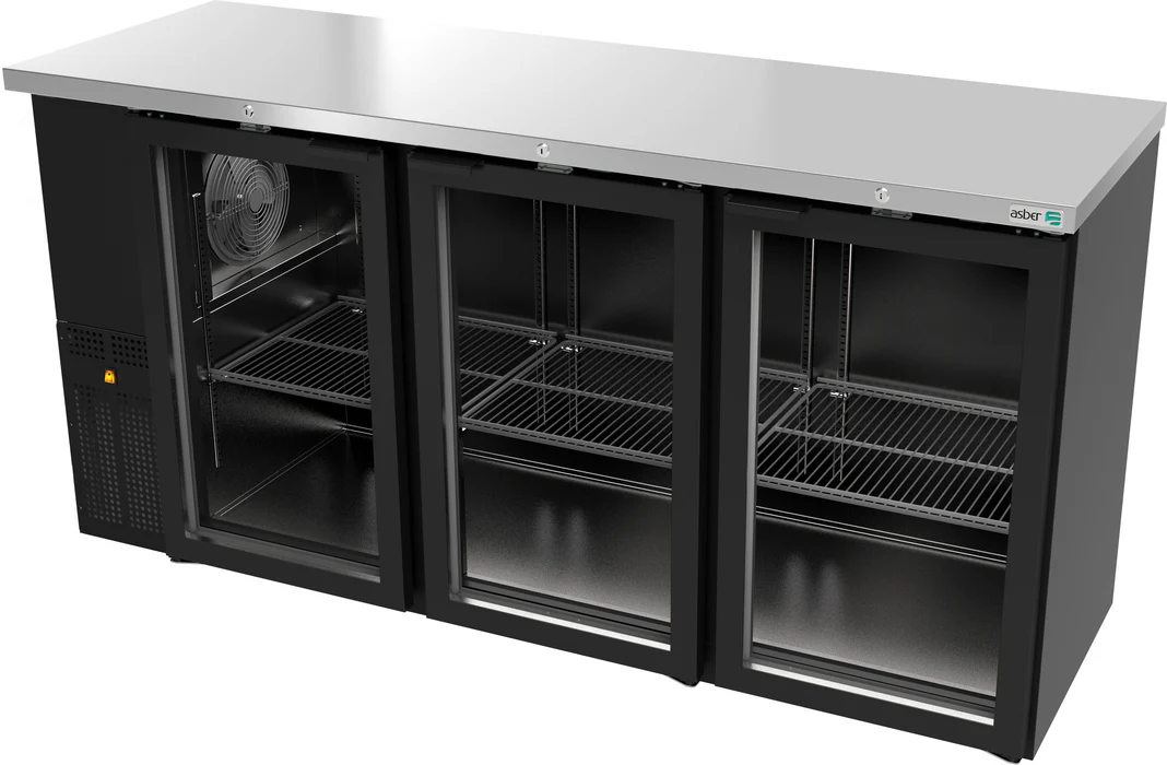 Asber ABBC-24-72-G-SD-HC Refrigerador Contrabarra Vinil Negro 3 Puertas Cristal 18.3 Pies