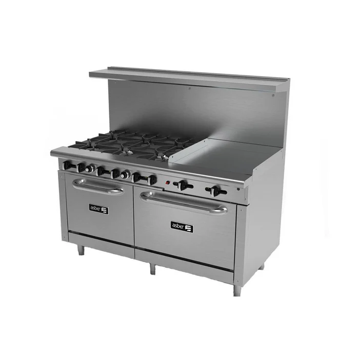 Asber AEMR-2-G24-B6-60-H-LPG – Estufa Doble Horno 6 Quemadores + Plancha 24” – Restaurant Line