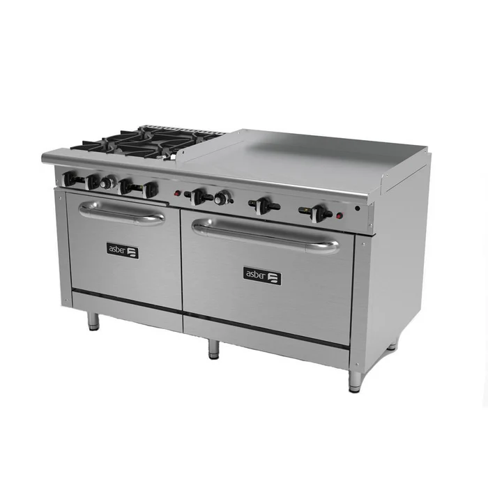 Asber AEMR-2-G36-B4-60-H-LPG – Estufa Doble Horno 4 Quemadores + Plancha 36” – Restaurant Line