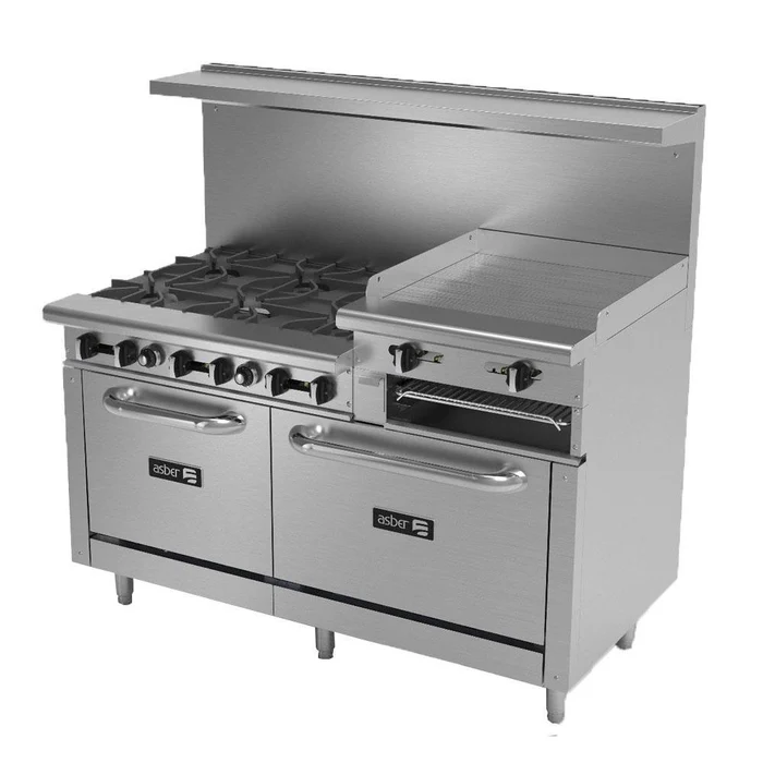 Asber AEMR-2-RG24-B6-60-H-LPG – Estufa 6 Quemadores + Plancha Elevada 24” + Gratinador + 2 Hornos – Restaurant Line