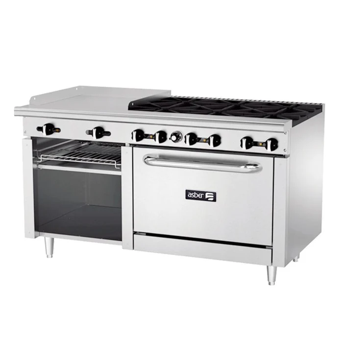 Asber AEMR-G24-B6-60-H-LPG – Estufa Mixta 6 Quemadores + Plancha 24” + Gratinador + Horno 36” – Restaurant Line