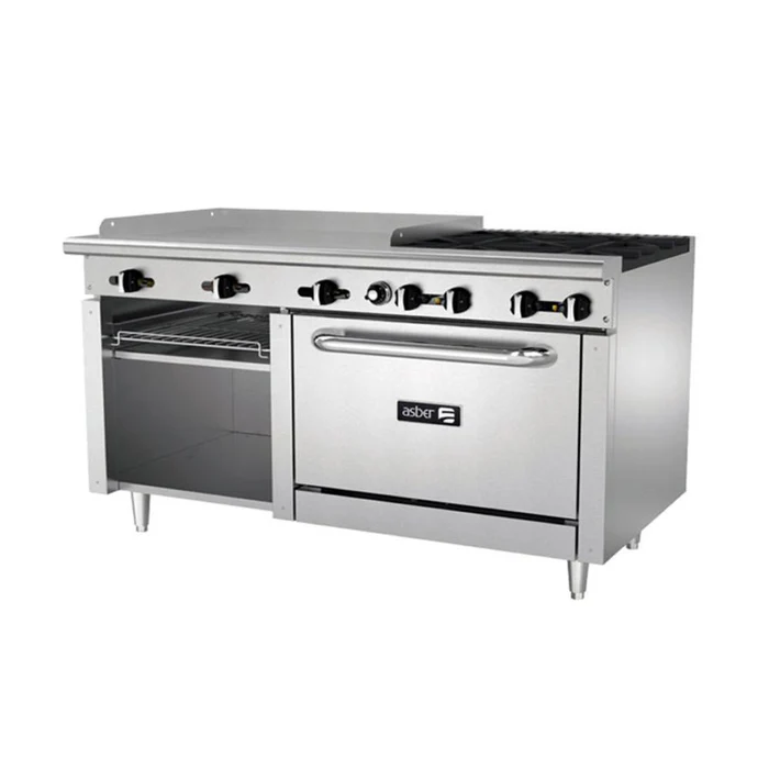Asber AEMR-G36-B4-60-H-NG – Estufa Mixta 4 Quemadores + Plancha 36” + Gratinador + Horno 36” – Restaurant Line