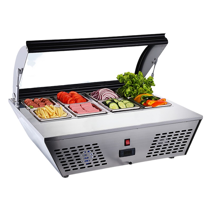 Base Refrigerada con 8 Insertos, Vidrio curvo, en Acero Inoxidable
