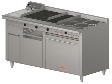 Coriat MÚLTIPLE-E MÁSTER Estufa Múltiple Eléctrica 4 Platos 2600W C/U, Plancha, Gratinador, Freidor Resistencia 1800W, Horno Resistencia 4870W, 220V, Control De Temperatura Independiente